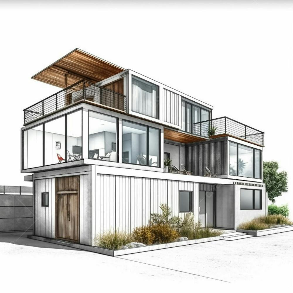  Ilustração 3d de estilo moderno de casa conceito de pequeno recipiente isolada em fundo branco