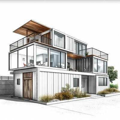  Ilustração 3d de estilo moderno de casa conceito de pequeno recipiente isolada em fundo branco
