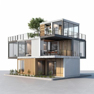  Ilustração 3d de estilo moderno de casa conceito de pequeno recipiente isolada em fundo branco