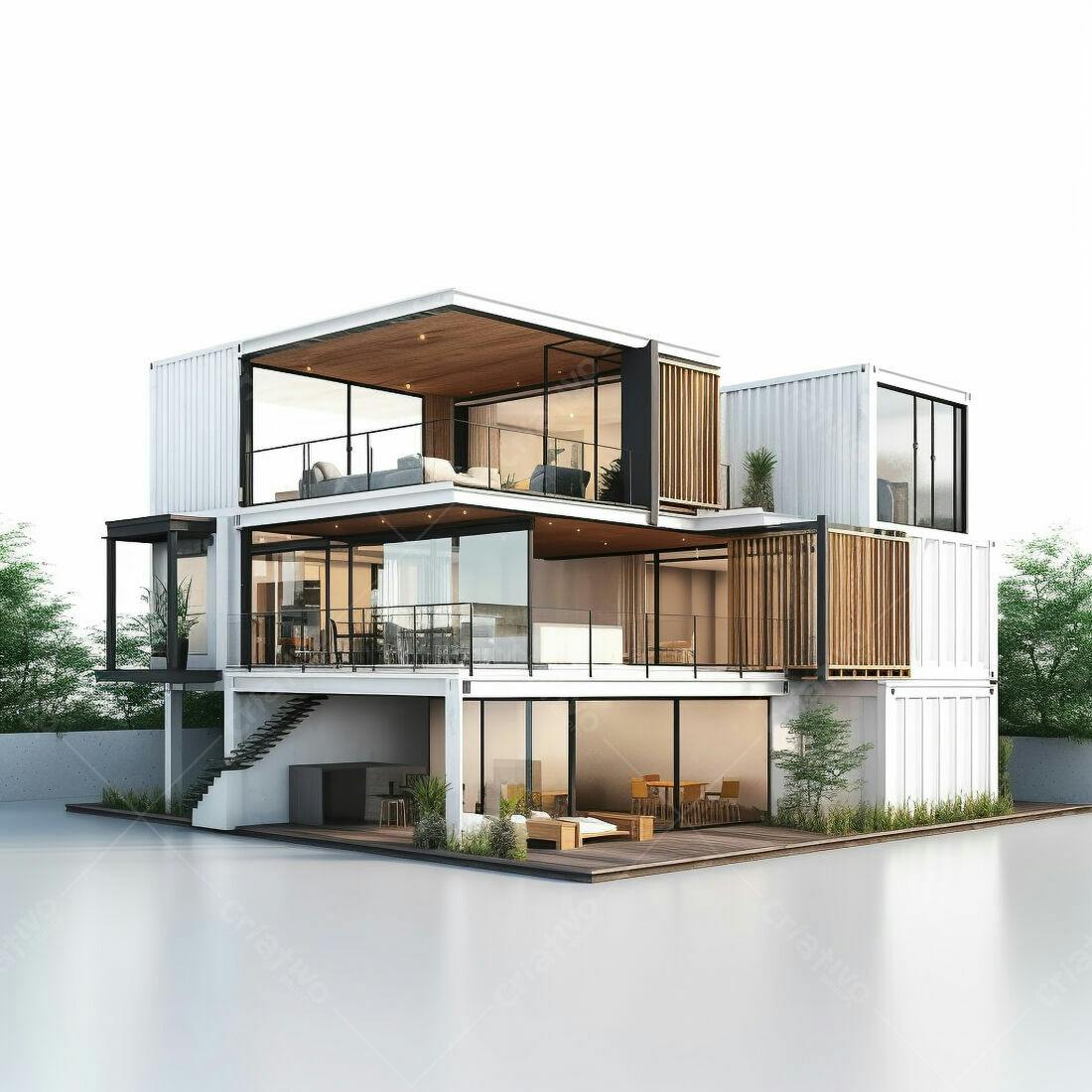 Casa moderna de contêineres branco e madeira