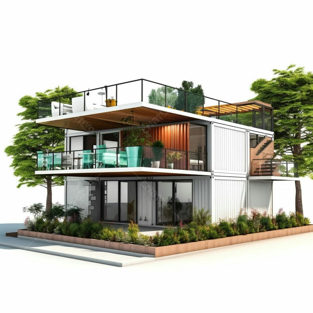 Casa sustentável de contêineres com terraço