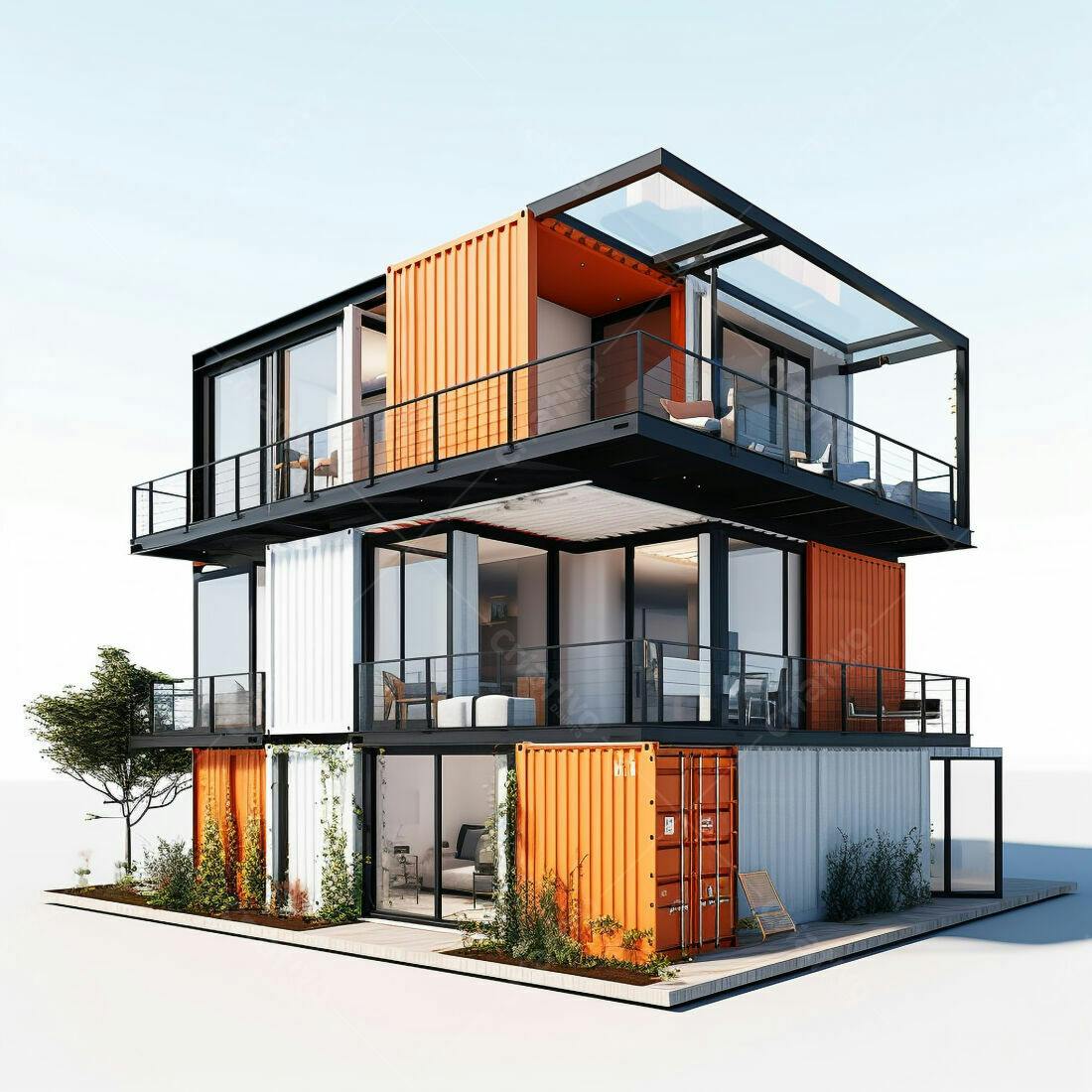 Casa moderna feita de contêineres laranja e branco