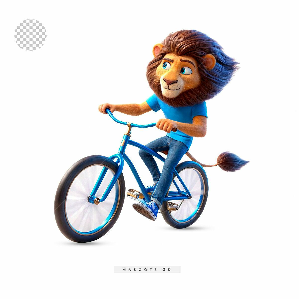 Mascote Leão em Bicicleta PSD Editável