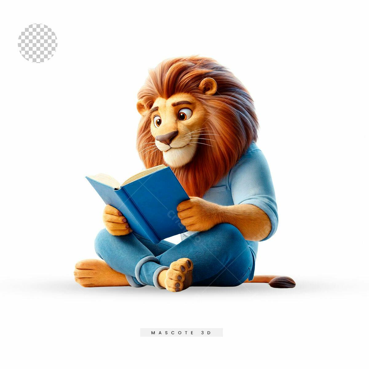Mascote Leão Lendo PSD Editável