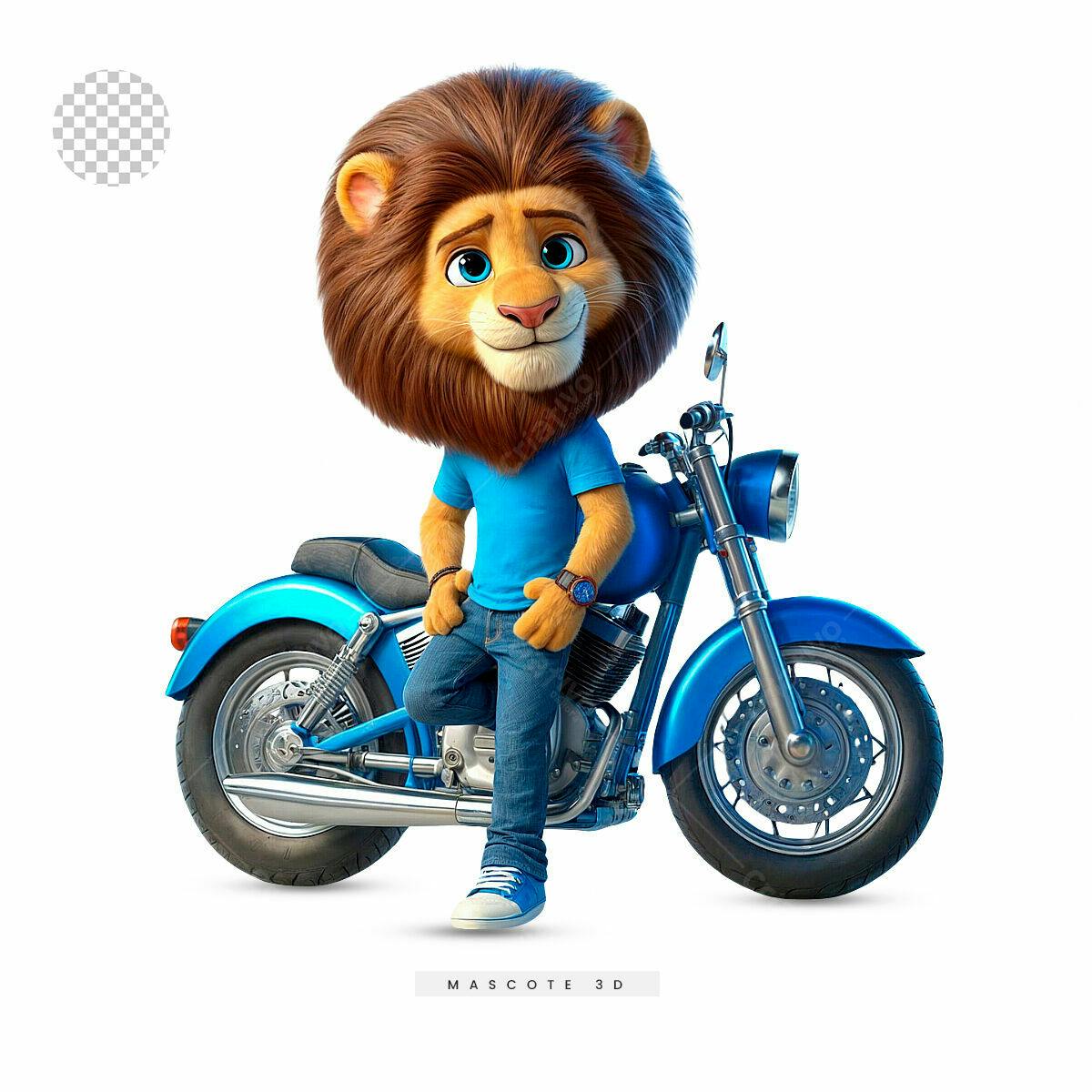 Mascote Leão com Moto Azul PSD Editável