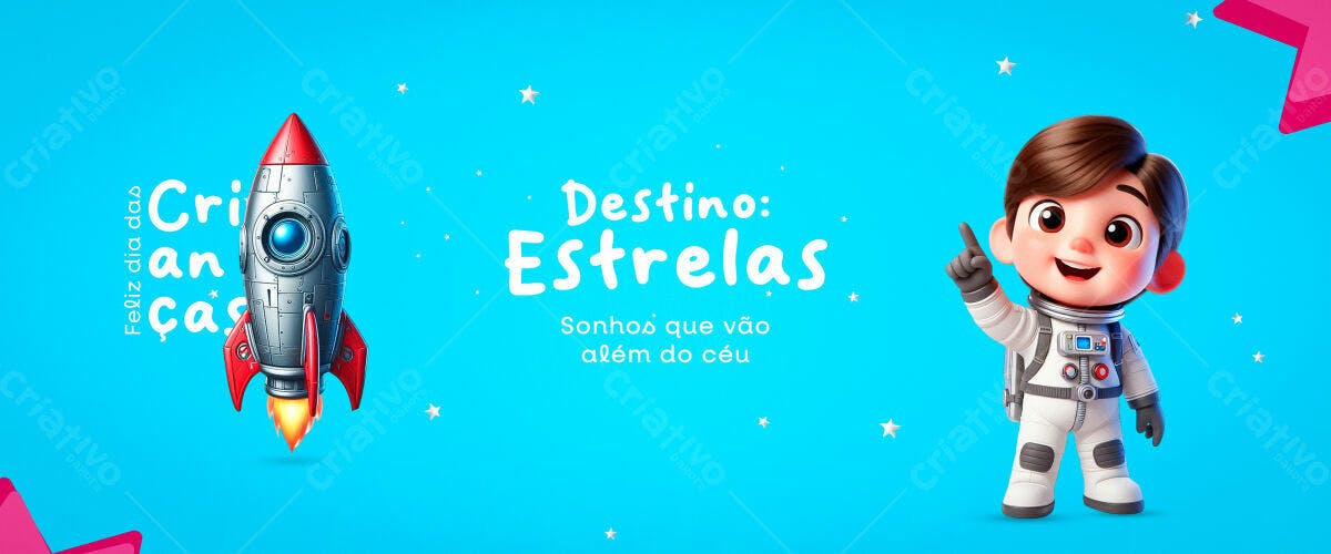 Banner Dia das Crianças com Astronauta e Foguete PSD Editável