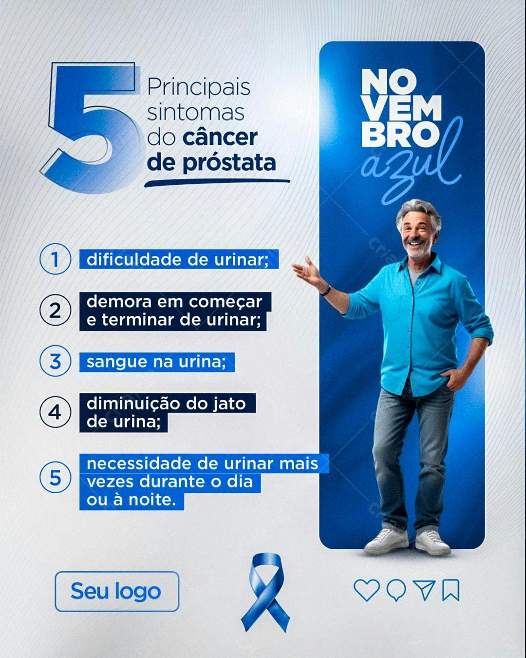Post para Novembro Azul com 5 Sintomas do Câncer de Próstata PSD Editável