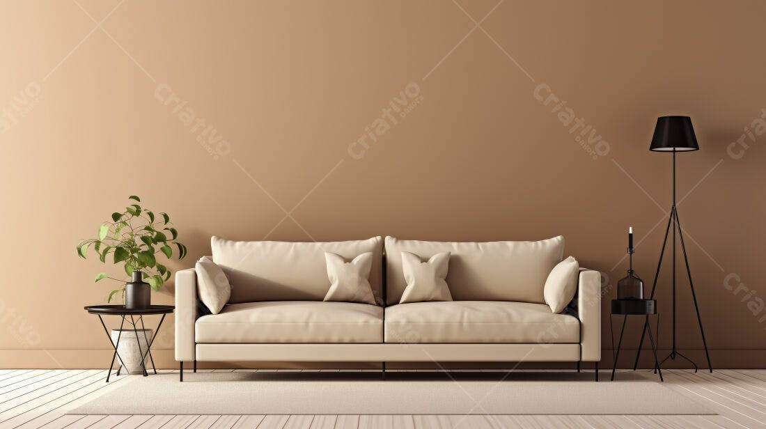 Sofá bege em sala minimalista com parede marrom