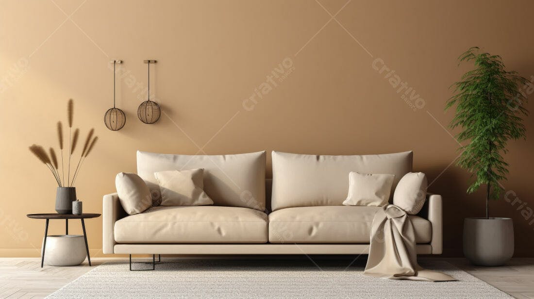 Sofá bege em sala de estar minimalista
