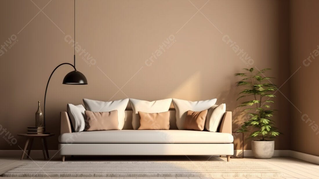 Sofá bege em sala minimalista tons terra