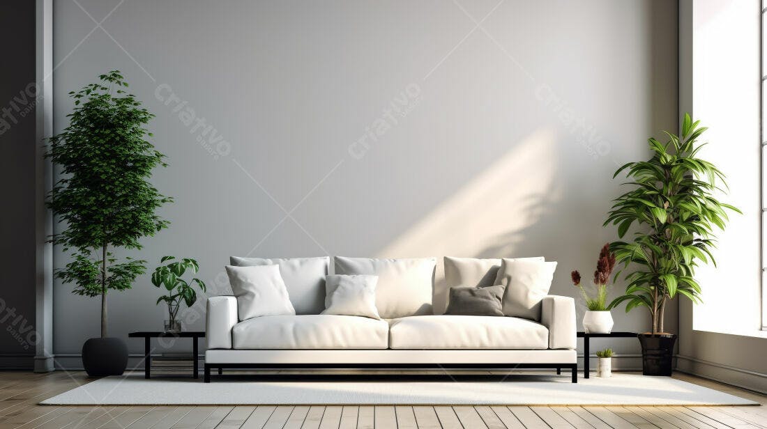 Sofá branco em sala minimalista com plantas