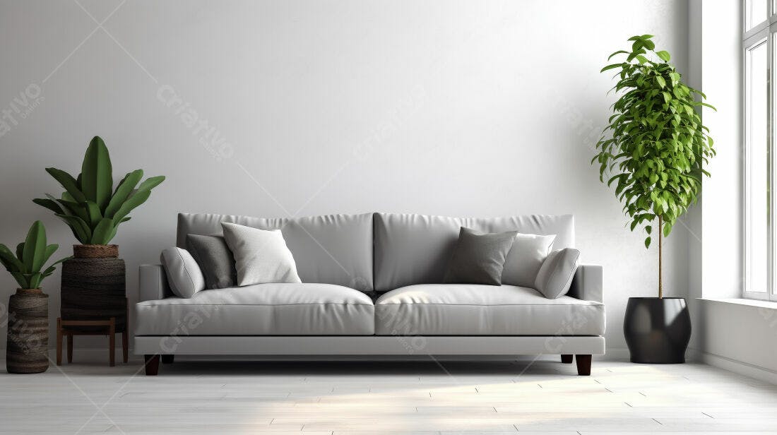 Sofá cinza em sala minimalista com plantas