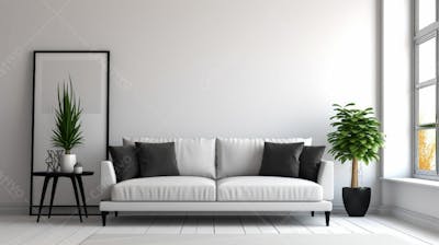 interior moderno da sala de estar com sofá cinza