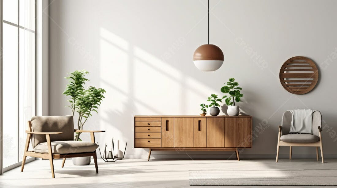 Sala de estar moderna com móveis de madeira clara