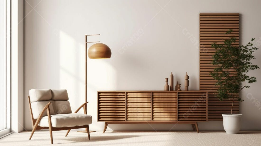 Sala de estar minimalista com móveis de madeira