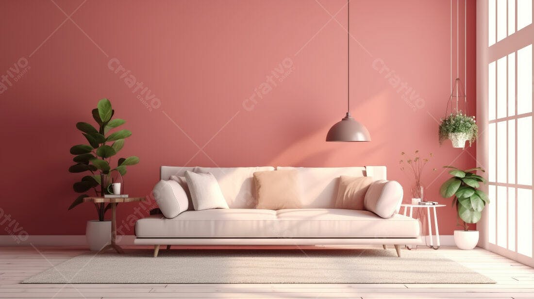 Sala de estar moderna tons rosa e bege