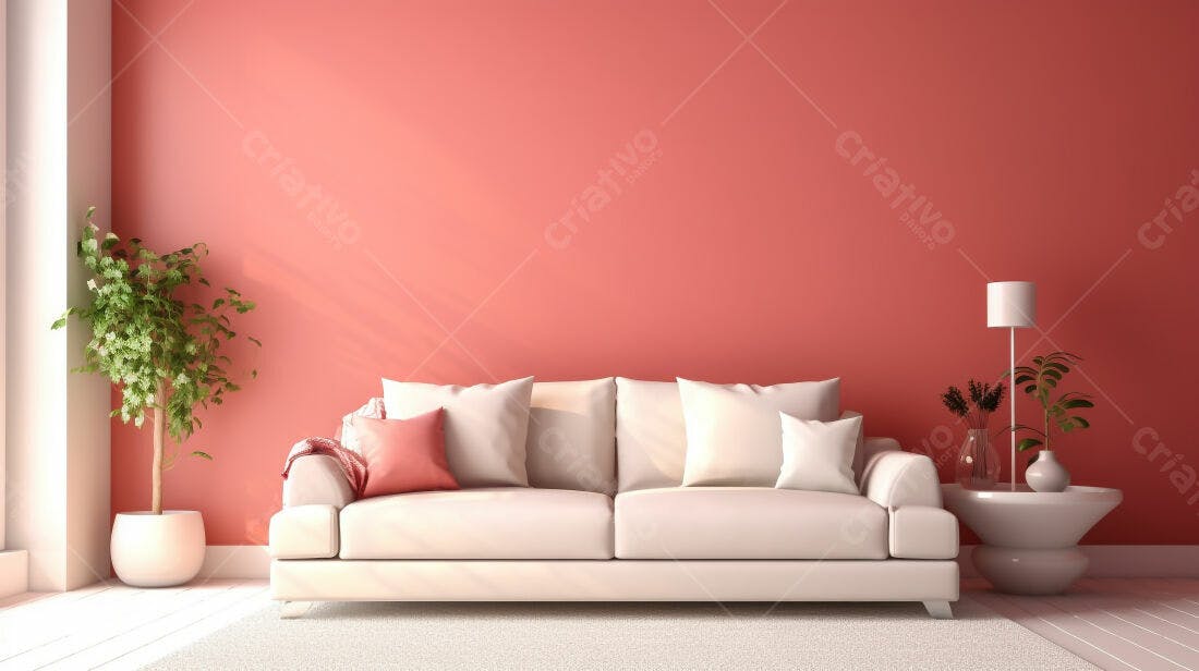 Sofá branco em sala com parede coral
