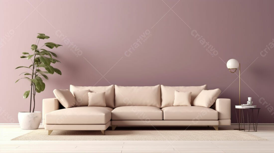 Sofá bege em sala rosa decoração minimalista