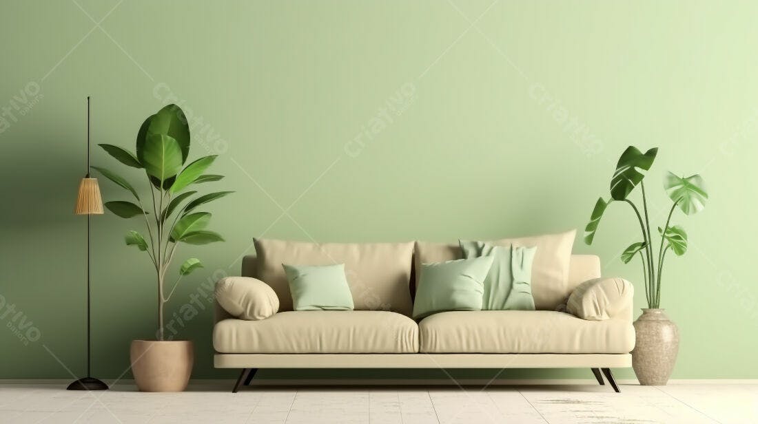 Sofá bege em sala com plantas e parede verde
