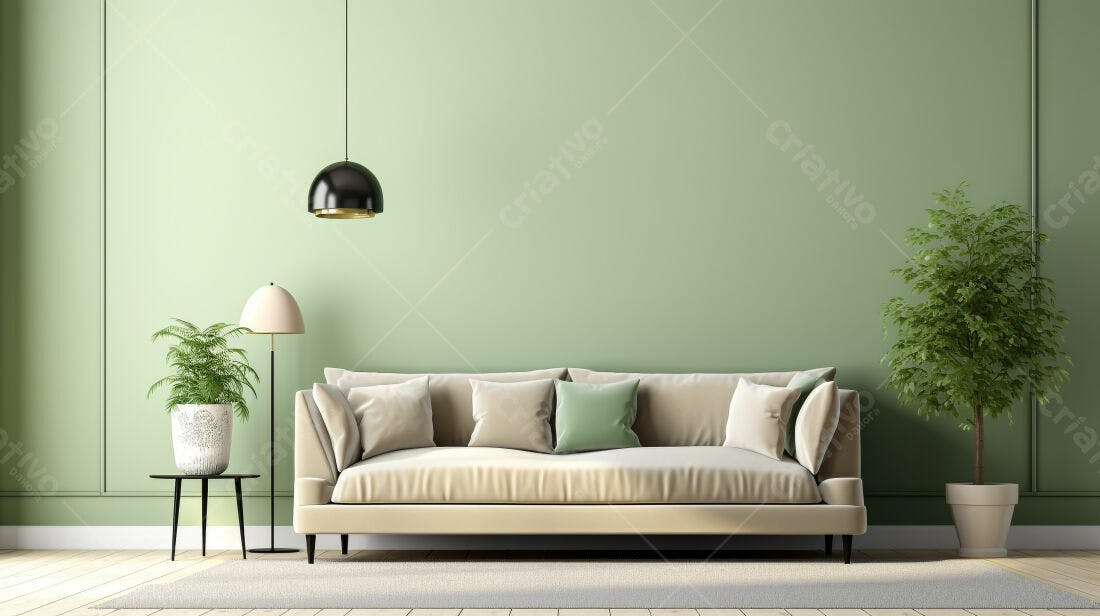 Sofá bege em sala verde claro decoração minimalista
