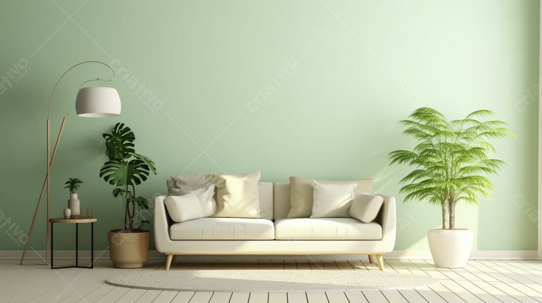 Sofá branco em sala com plantas e parede verde