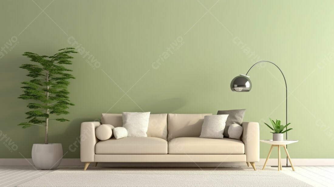 Sofá bege em sala com parede verde