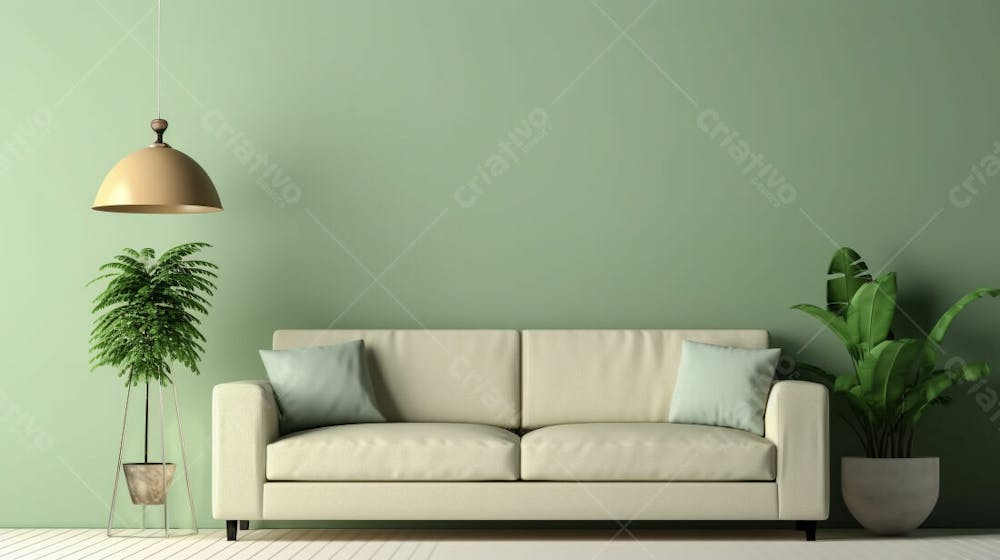  interior moderno da sala de estar com sofá de cor creme e parede verde clara