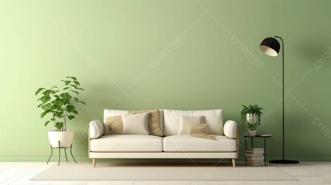 Sofá branco em sala com parede verde-menta