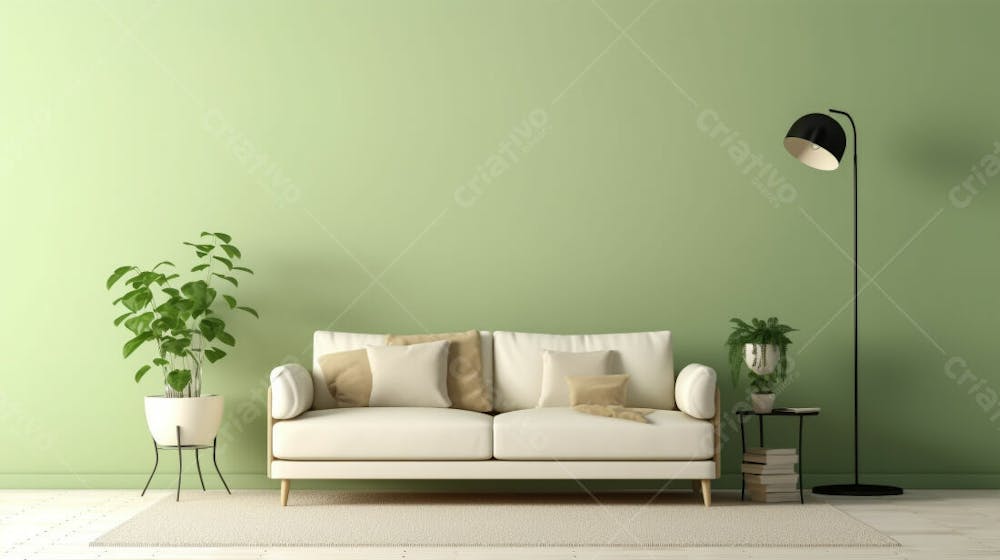  interior moderno da sala de estar com sofá de cor creme e parede verde clara