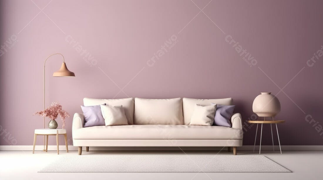 Sofá bege em sala rosa decoração minimalista