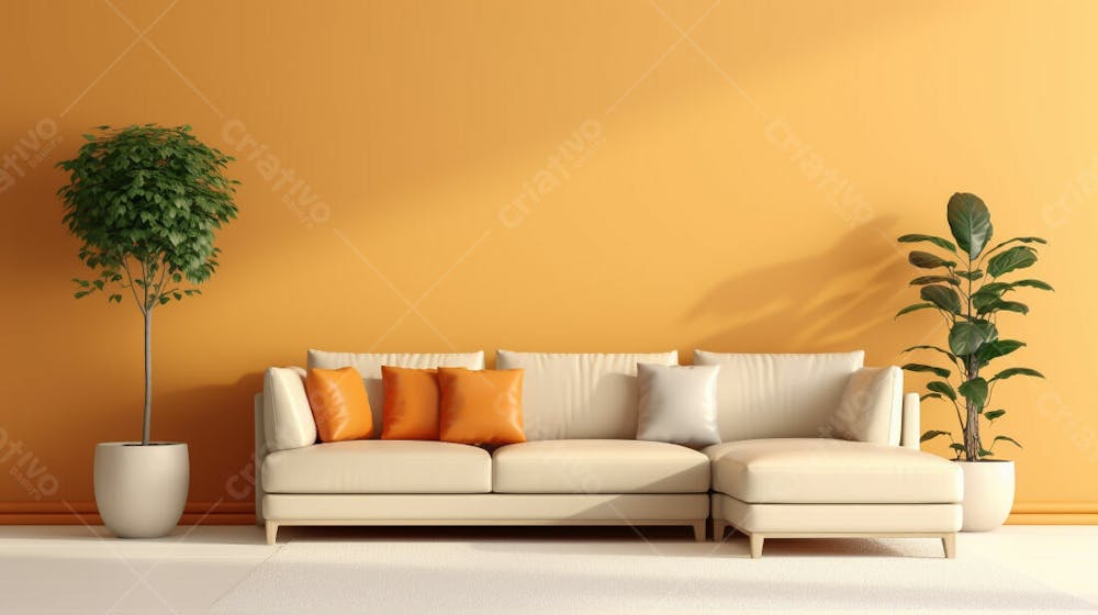 interior moderno da sala de estar com sofá de cor creme e parede laranja claro