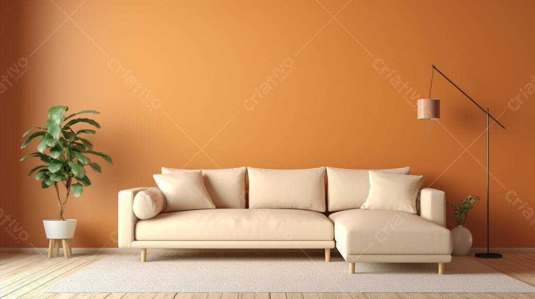 Sofá bege em sala com parede laranja