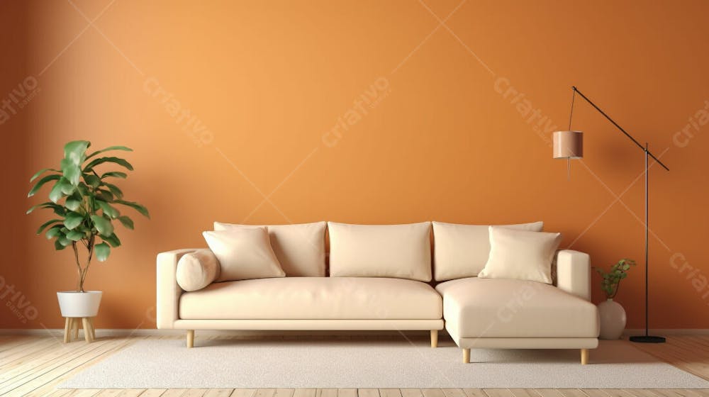 interior moderno da sala de estar com sofá de cor creme e parede laranja claro