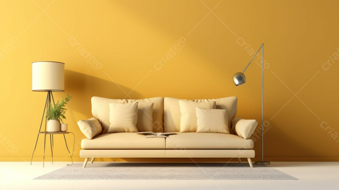 Sofá bege em sala com parede amarela