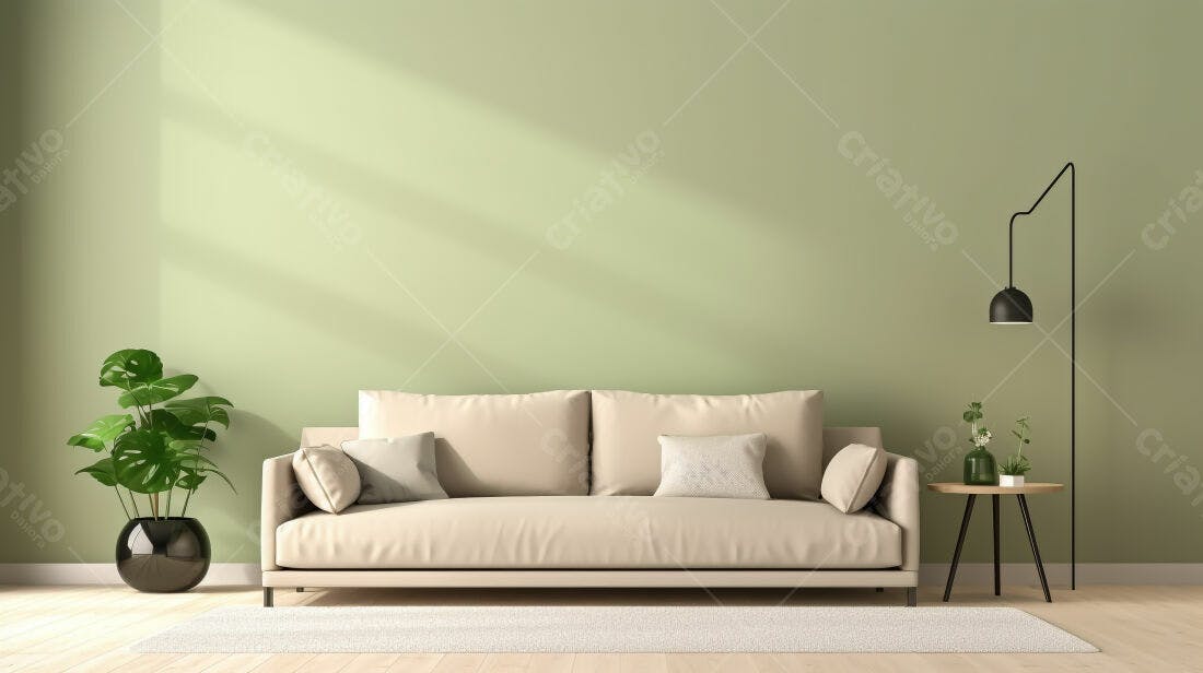 Sofá bege em sala com parede verde-clara