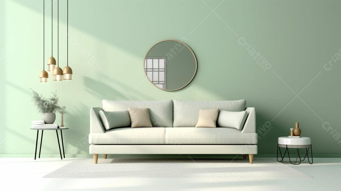 Sofá branco em sala verde minimalista