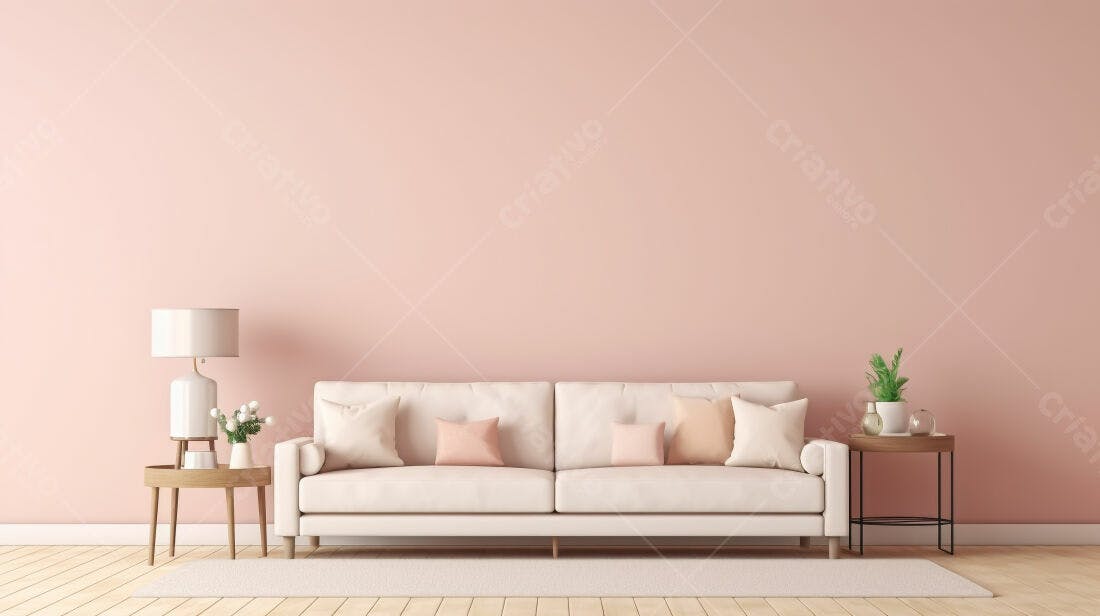 Sofá branco em sala rosa decoração minimalista