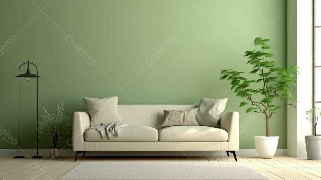 Sofá bege em sala com parede verde