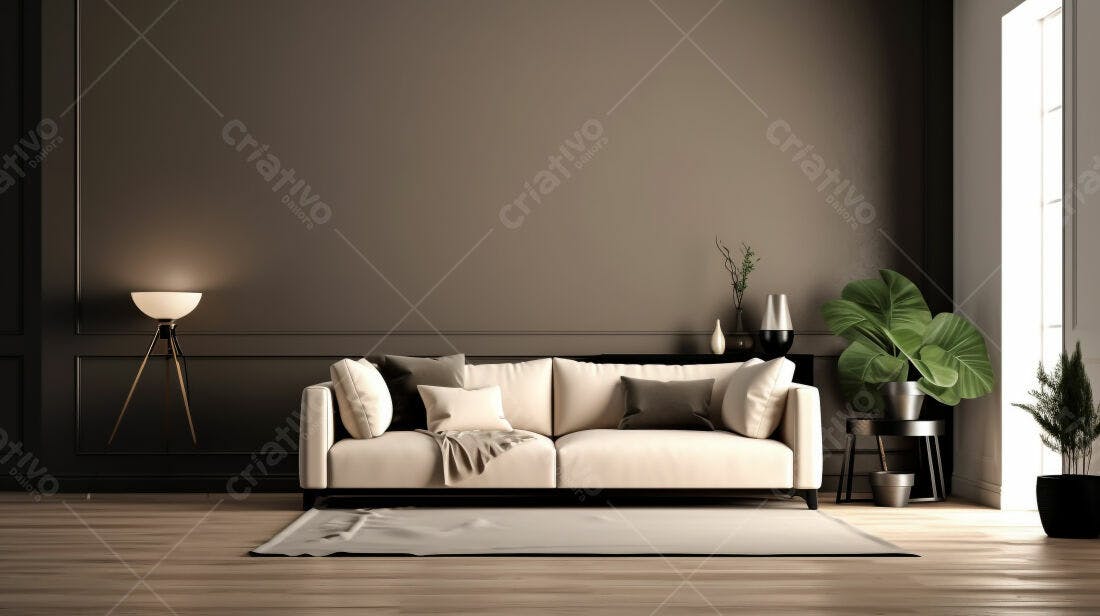 Sofá bege em sala moderna com decoração marrom