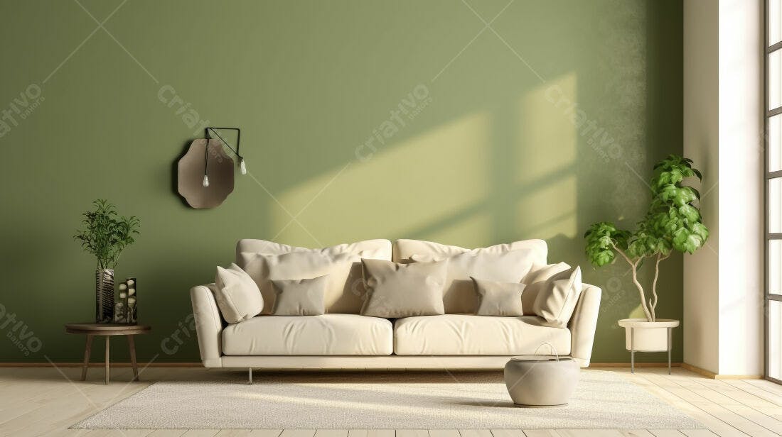 Sofá bege em sala com parede verde oliva