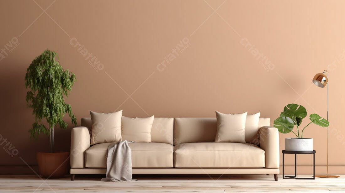 Sofá bege em sala minimalista com plantas