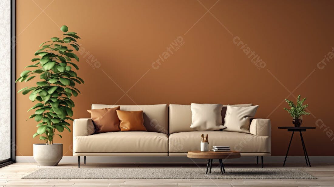 Sofá bege em sala com parede marrom