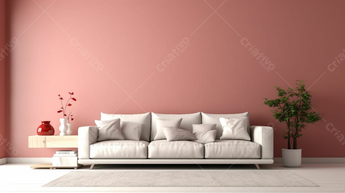 Sofá branco em sala rosa decoração minimalista