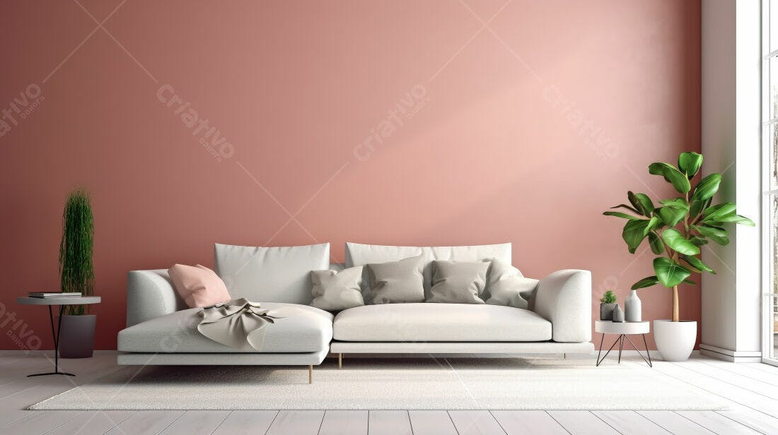 Sofá branco em sala rosa claro