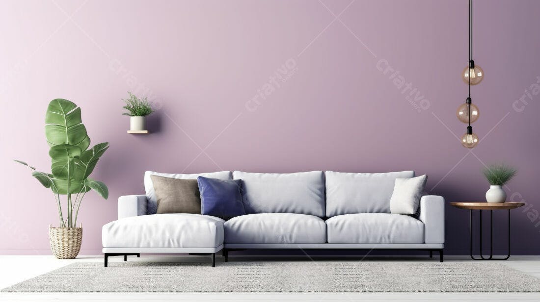 Sofá branco em sala de estar minimalista lavanda
