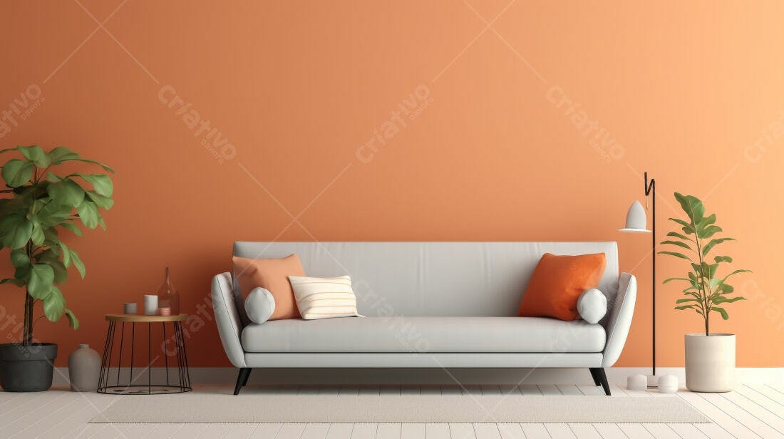 Sofá cinza em sala com decoração laranja