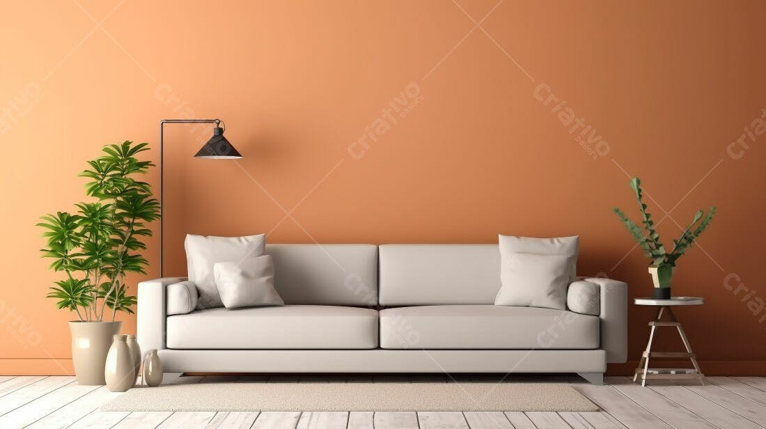 Sofá branco em sala com parede laranja