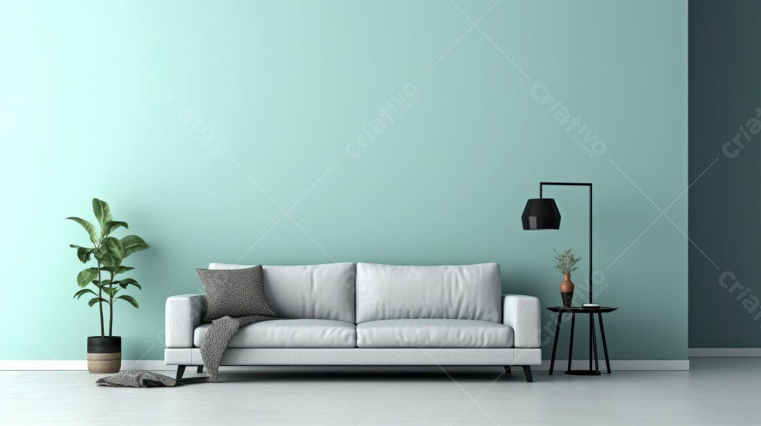 Sofá branco em sala com parede verde-água
