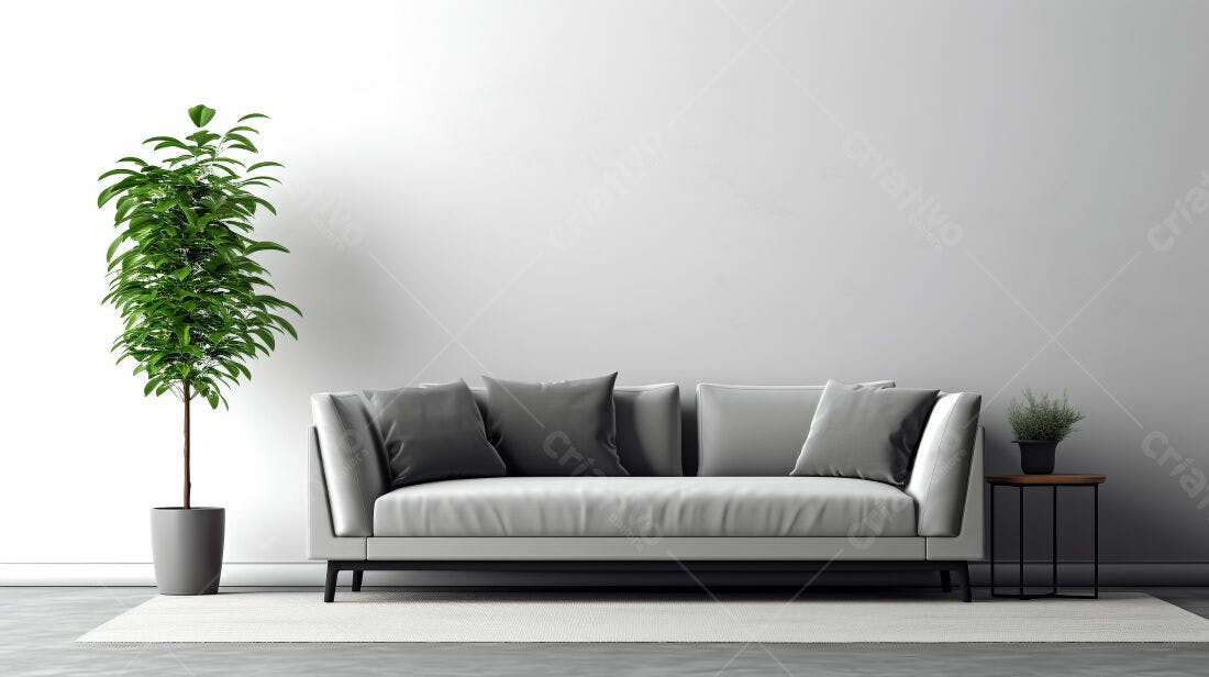 Sofá cinza claro em sala minimalista