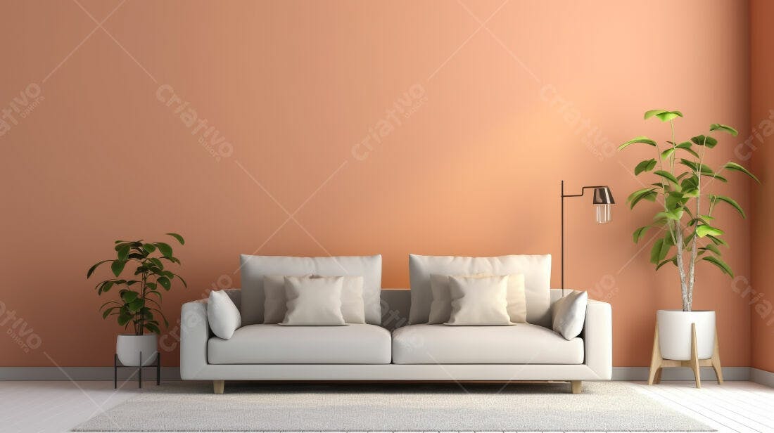 Sofá branco em sala com paredes cor pêssego